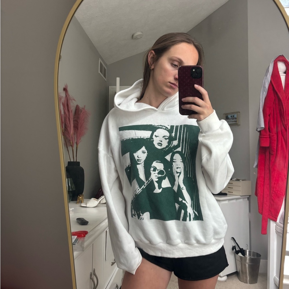 Edikted White Hoodie with Dark Green Graphic Band Print